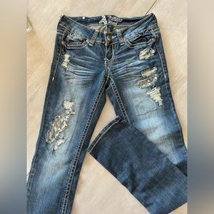 Antique Rivet Straight Distressed, Embroidered, & Rhinestone Jeans | Size 24